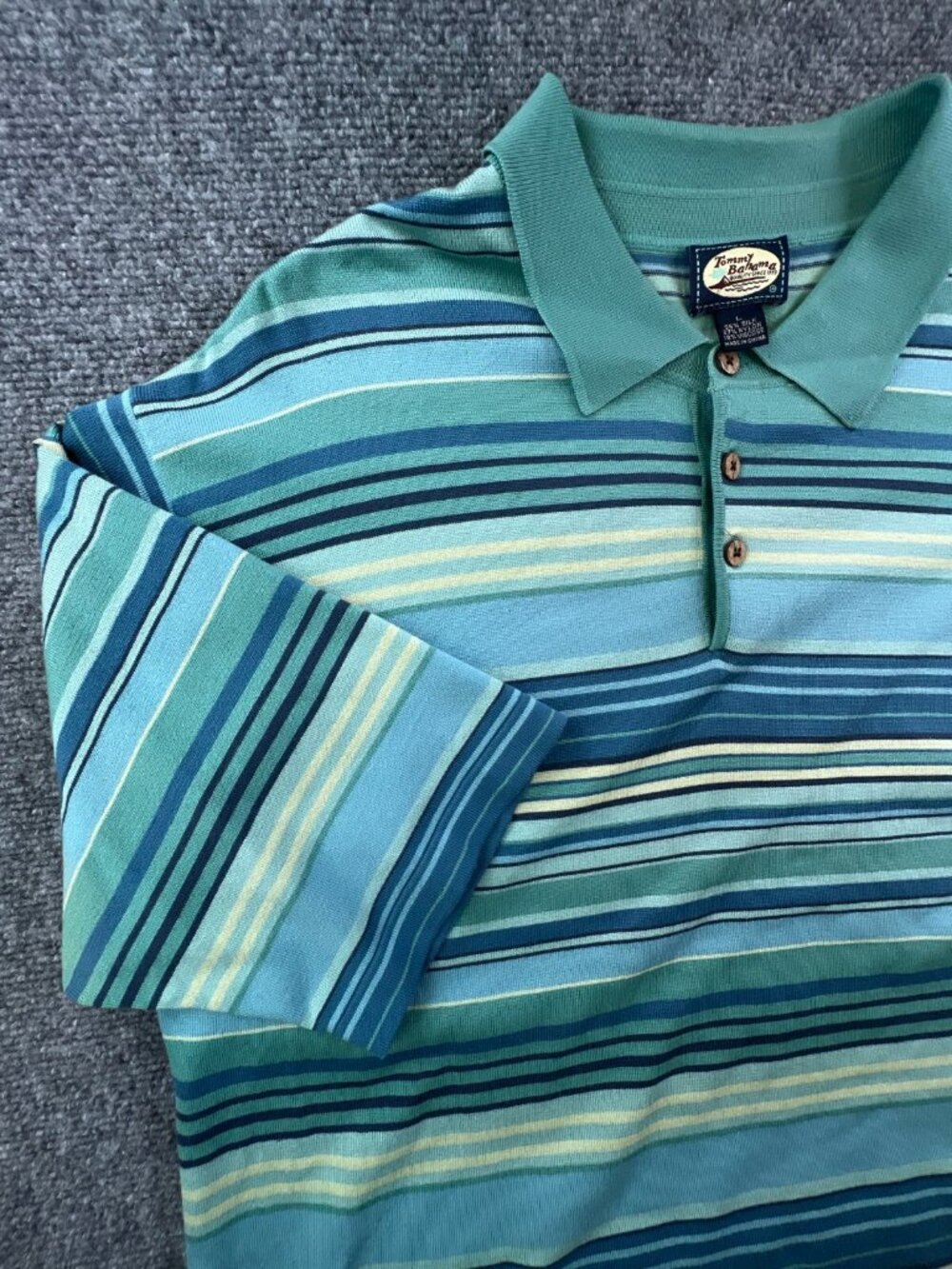 Tommy Bahama Polo Shirt Mens Large Silk Blend Blue Green Short Sleeve Striped - Picture 7 of 14